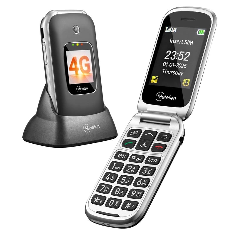 Melefon 4G Flip mobitel na preklapanje za starije osobe, s SOS tipkom i postoljem za punjenje