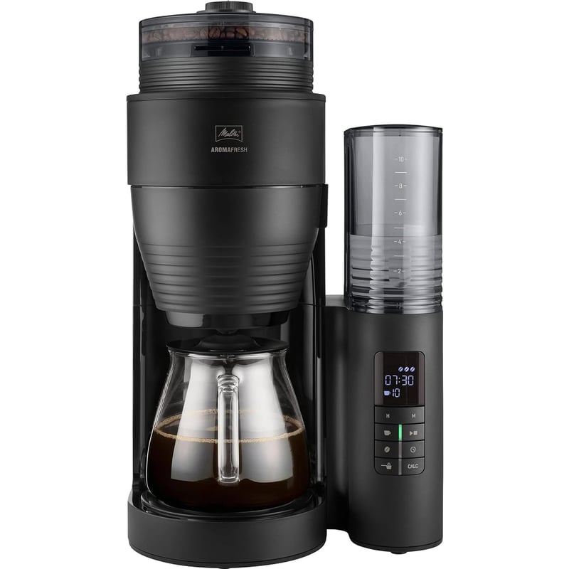 Filtračný kávovar Melitta AromaFresh II so zabudovaným keramickým mlynčekom – čierny – 1,25 l