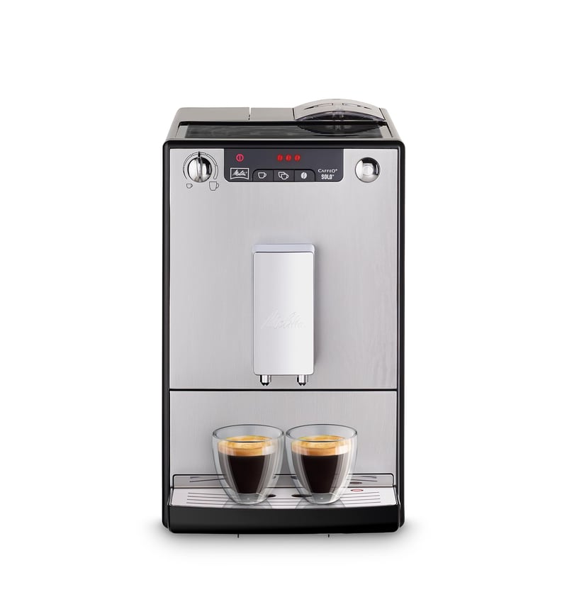 Automatický kávovar Melitta Caffeo Solo E950 s funkciou predhrievania, 15 barov, LED displej, výškovo nastaviteľný výtok, strieborný