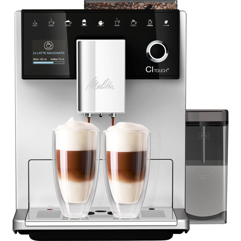 Espressor automat Melitta CI Touch cu sistem de lapte, râșniță integrată și spumator de lapte, Espresso și Cappuccino, 1,8 L, Argintiu