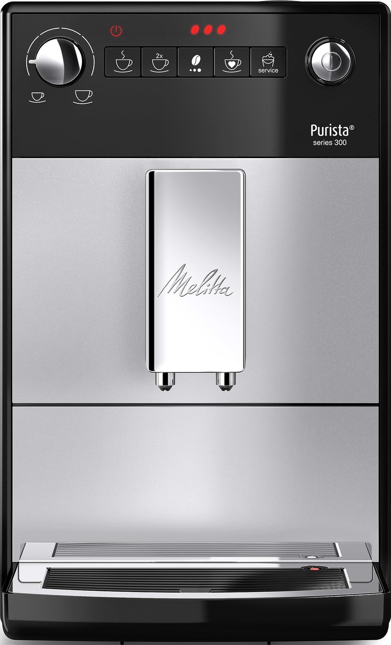 Automatický kávovar Melitta Purista F 230-102 so vstavaným kónickým mlynčekom, funkciou obľúbenej kávy, 5 stupňami mletia, strieborno-čierny