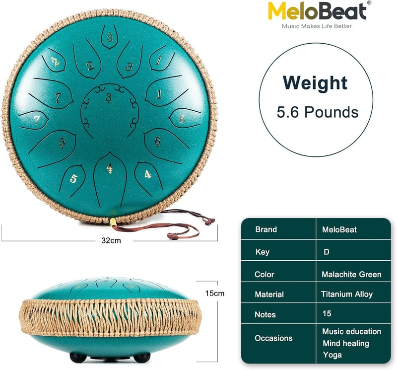 MeloBeat 12 Inch Nyelvdobo 15 Hangos D Major Zold Handpan Szett