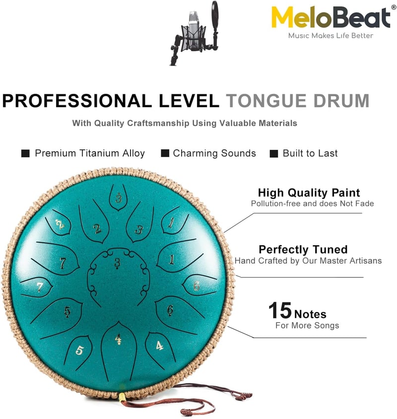 MeloBeat 12 Inch Nyelvdobo 15 Hangos D Major Zold Handpan Szett
