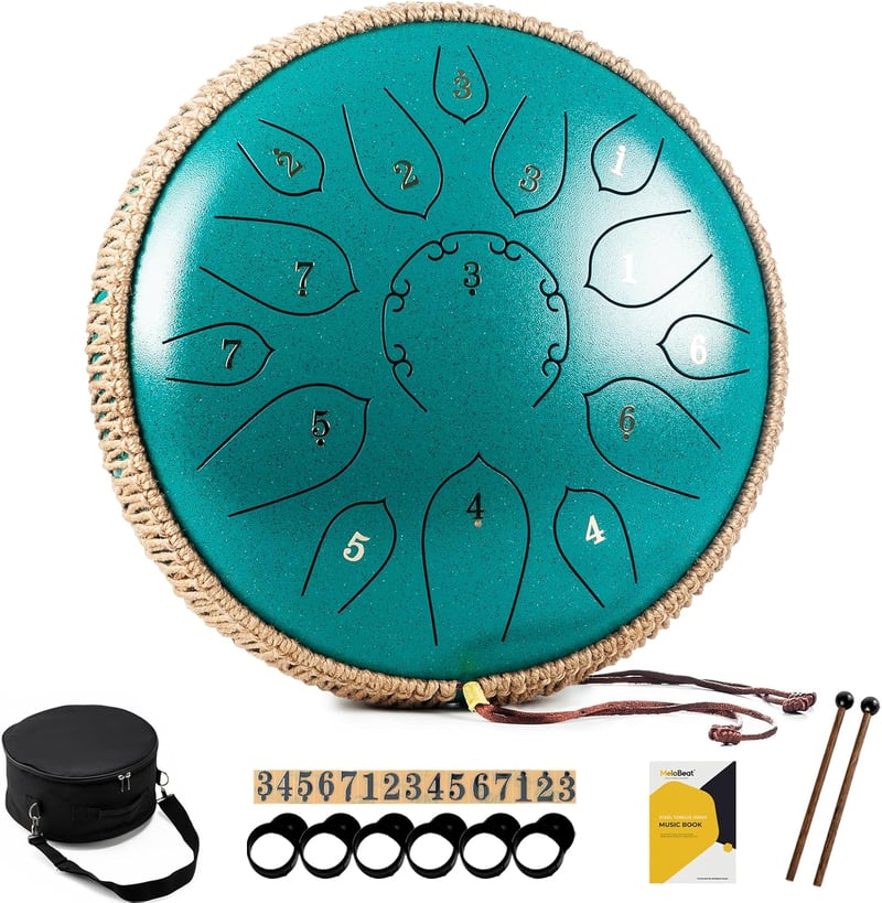 MeloBeat 12 Inch Nyelvdobo 15 Hangos D Major Zold Handpan Szett