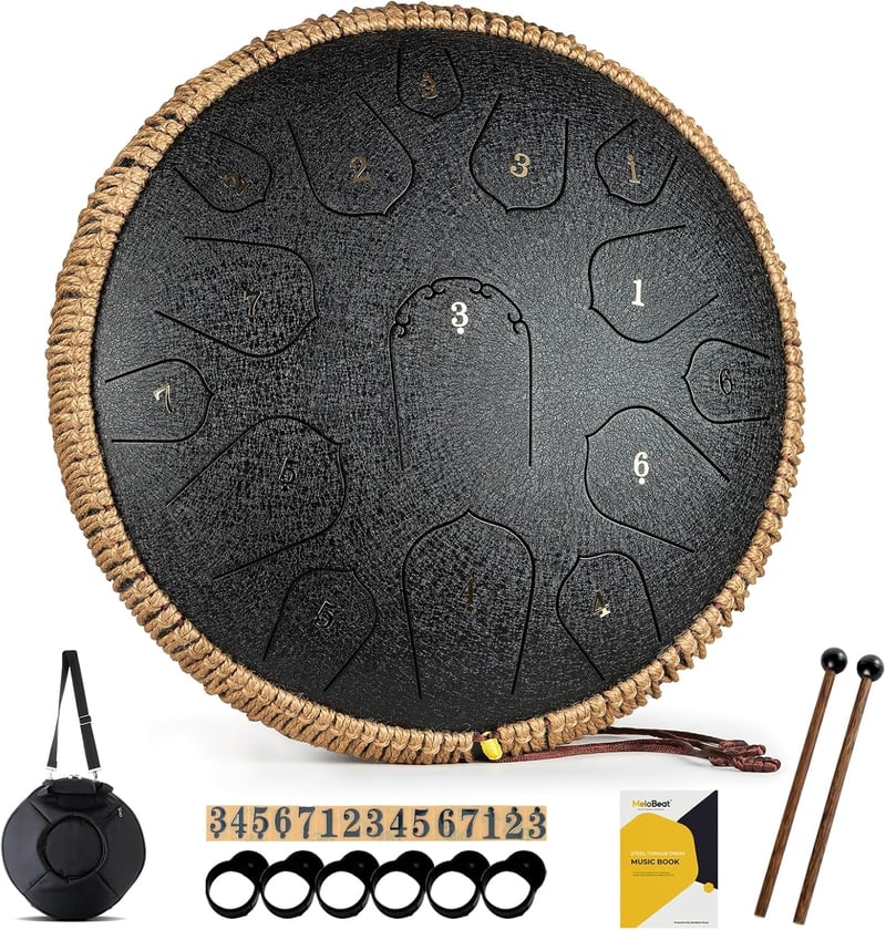 MeloBeat 14 Colos Nyelvdobo 15 Hangos D-Dur Acél Handpan Szett Dobverővel és Táskával