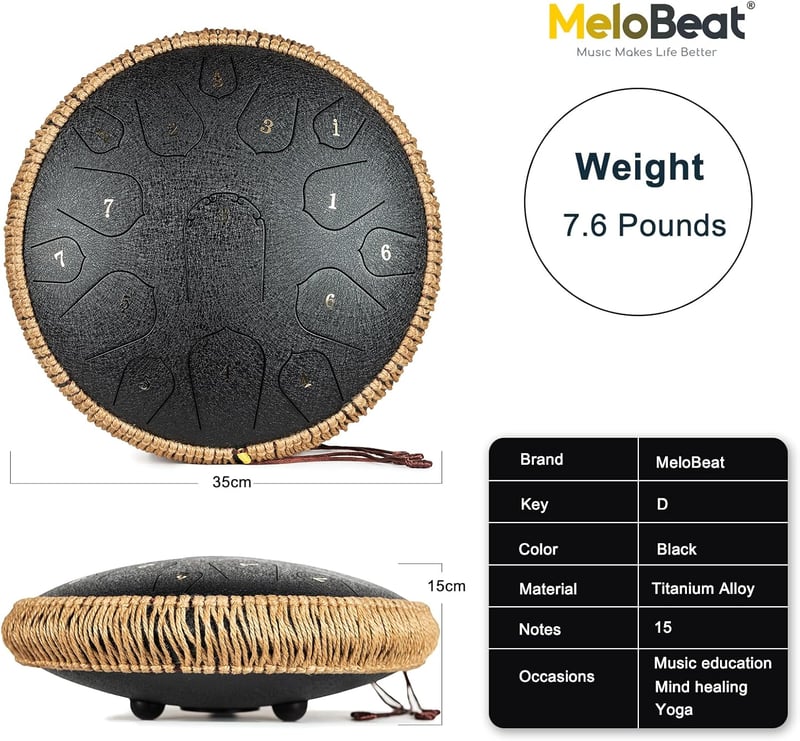 MeloBeat 14 Colos Nyelvdobo 15 Hangos D-Dur Acél Handpan Szett Dobverővel és Táskával