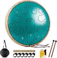 MeloBeat Tongue Drum 14" 15 Hangú - Professzionális Acél Handpan D-dúrban, Dalkönyvvel, Ütőkkel és Hordtáskával (Zöld) - 14 Zoll, Green 1