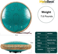 MeloBeat Tongue Drum 14" 15 Hangú - Professzionális Acél Handpan D-dúrban, Dalkönyvvel, Ütőkkel és Hordtáskával (Zöld) - 14 Zoll, Green 5