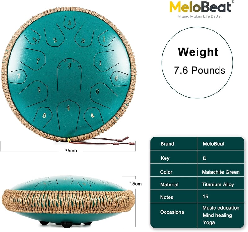 MeloBeat Tongue Drum 14" 15 Hangú - Professzionális Acél Handpan D-dúrban, Dalkönyvvel, Ütőkkel és Hordtáskával (Zöld) - 14 Zoll, Green