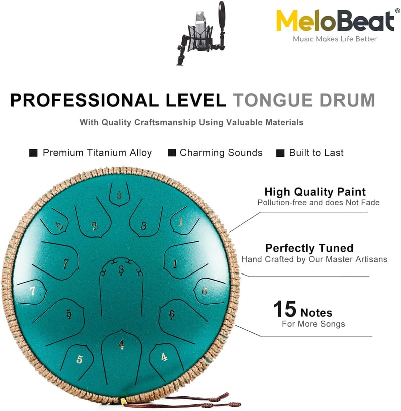 MeloBeat Tongue Drum 14" 15 Hangú - Professzionális Acél Handpan D-dúrban, Dalkönyvvel, Ütőkkel és Hordtáskával (Zöld) - 14 Zoll, Green