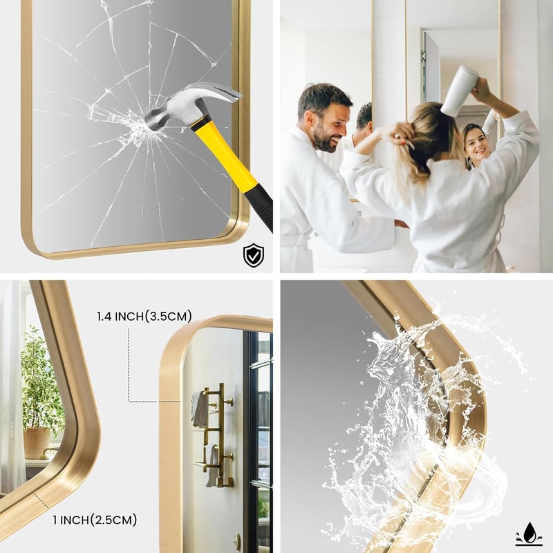 Melodieux Arany Fali Tükör 75x100 cm - Téglalap Alakú Fürdőszobai Dekorációs Tükör, Törésálló Nano Üveg, Fém Keret, Függőleges/Vízszintes El