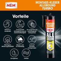 Montážne lepidlo MEM Allground Turbo – vodoodolné, odolné voči UV žiareniu, silná priľnavosť, bez rozpúšťadiel, 450 g kartuša, biele 4