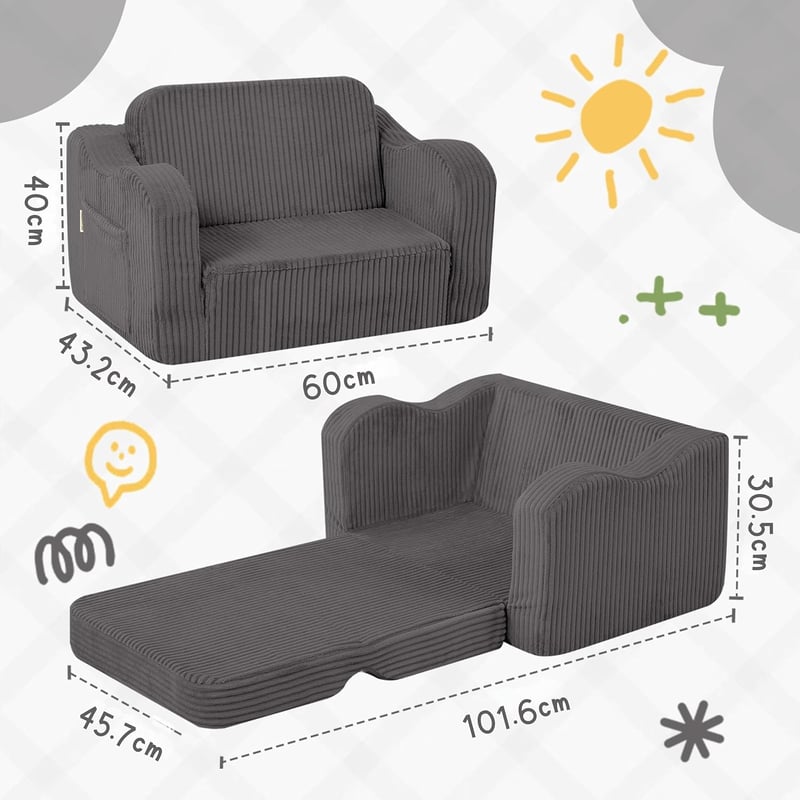 MeMoreCool Gyerek Kanapé Szürke, Összecsukható Baba Lounge Fotel 1-3 Éveseknek
