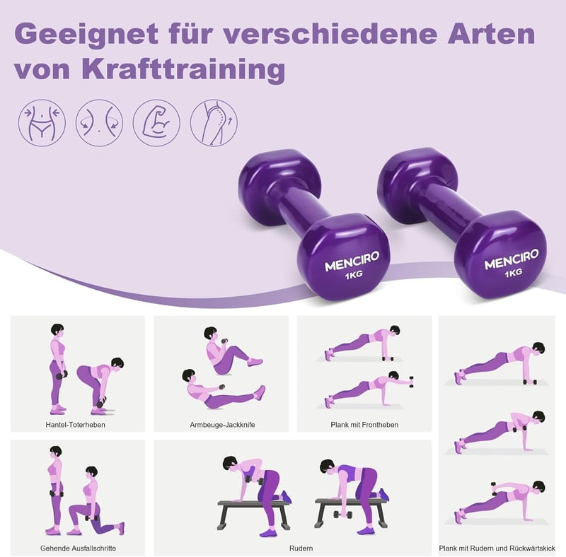 MENCIRO Kézisúly szett 2 darab 0,5-2 kg otthoni edzéshez és erőedzéshez - 1 Pair (1KG), purple