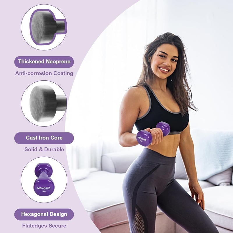 MENCIRO Kézisúly szett 2 darab 0,5-2 kg otthoni edzéshez és erőedzéshez - 1 Pair (1KG), purple