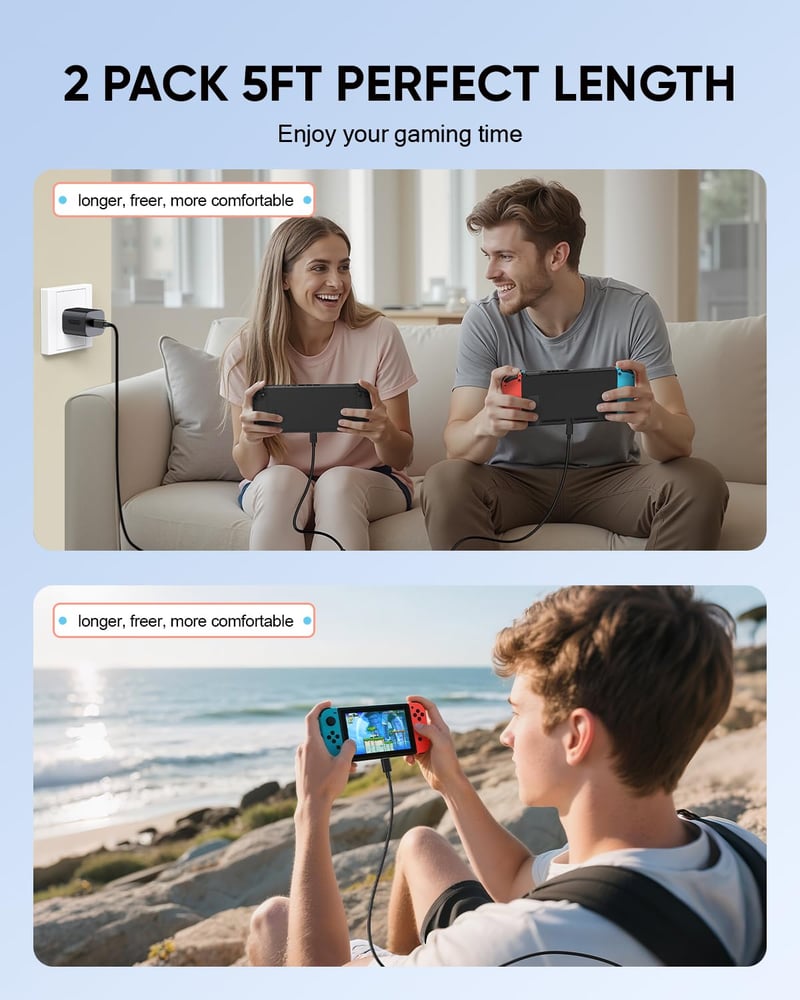 MENEEA 1.5M USB-C töltőkábel Nintendo Switch 2-höz, 60W gyorstöltés, 2 darab