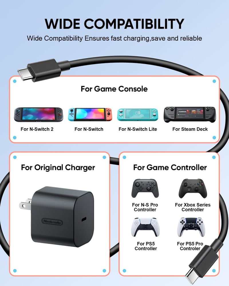 MENEEA 1.5M USB-C töltőkábel Nintendo Switch 2-höz, 60W gyorstöltés, 2 darab