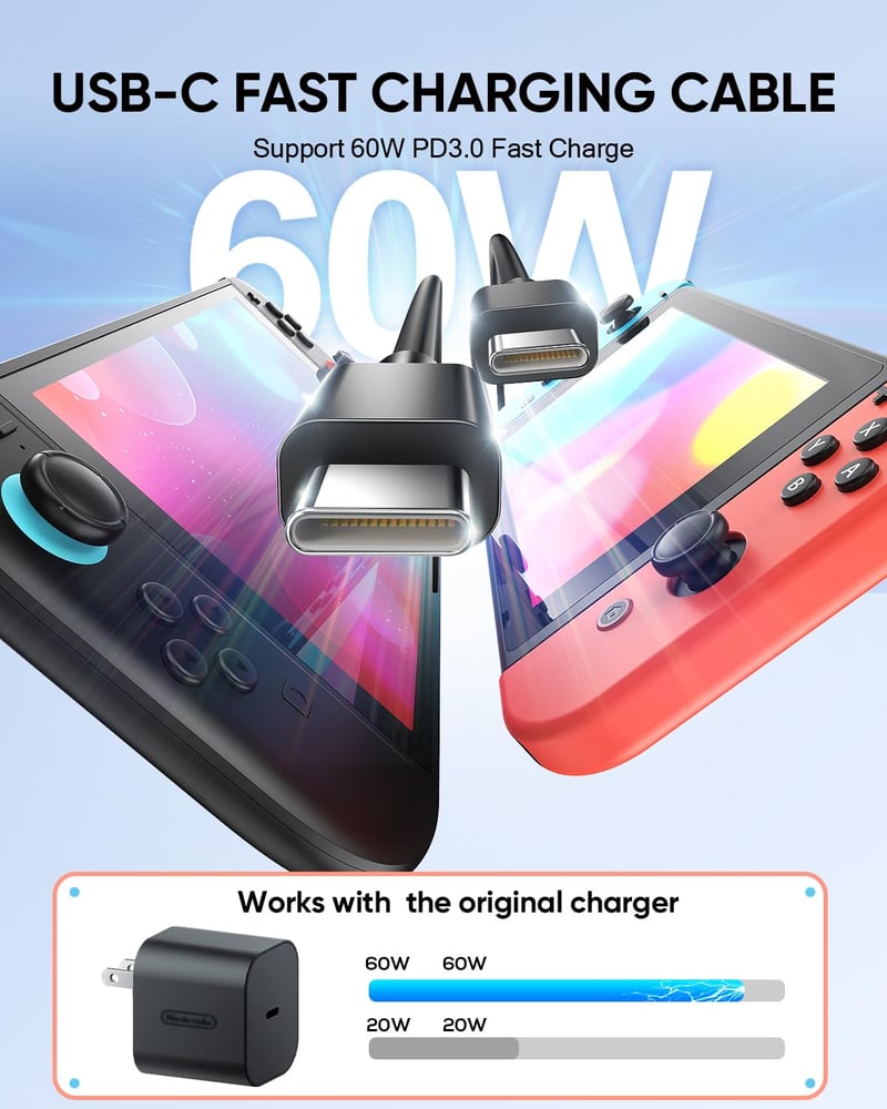 MENEEA 1.5M USB-C töltőkábel Nintendo Switch 2-höz, 60W gyorstöltés, 2 darab