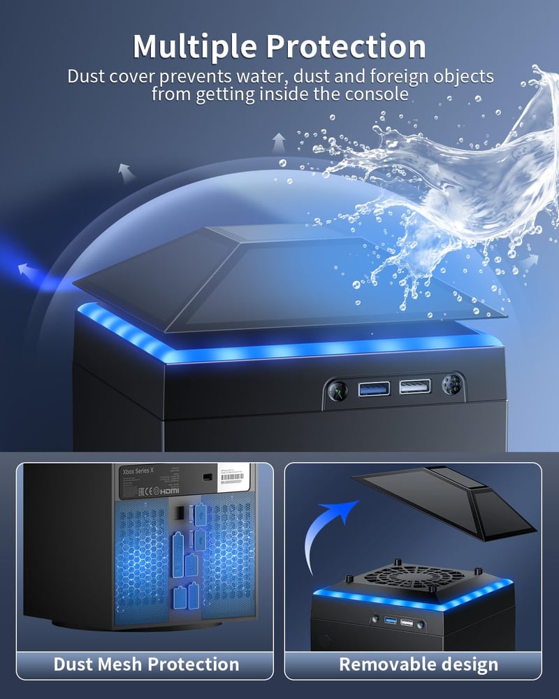 MENEEA Xbox Series X Hűtőventilátor RGB Fénycsíkkal - 3 Sebességes Felső Ventilátor, Porvédő Szűrő, USB 3.0 Port, Független Érintőkapcsoló, 