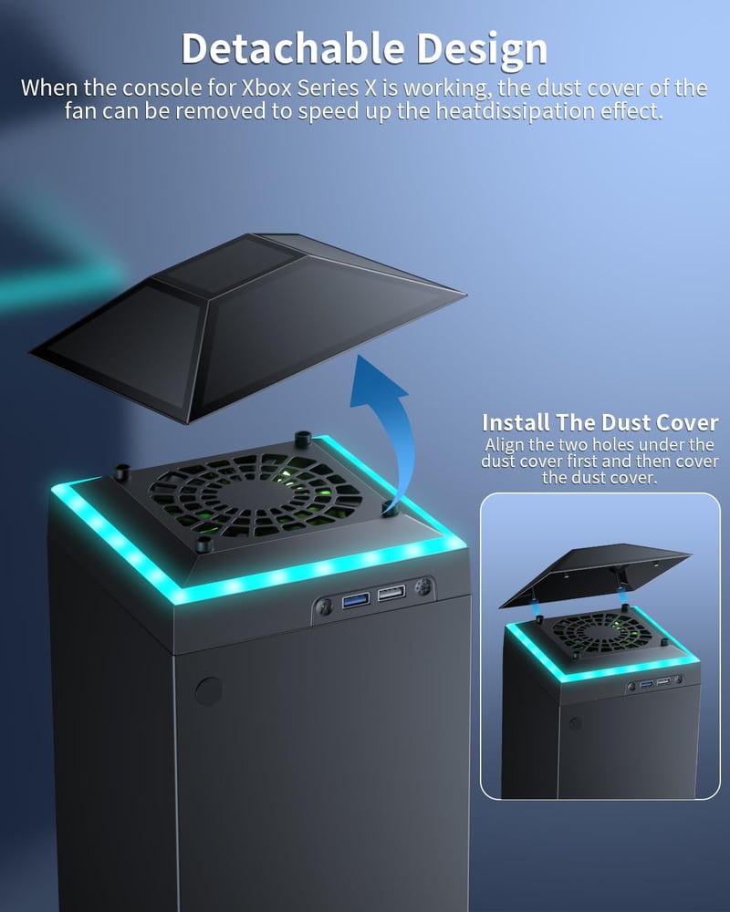 MENEEA Xbox Series X Hűtőventilátor RGB Fénycsíkkal - 3 Sebességes Felső Ventilátor, Porvédő Szűrő, USB 3.0 Port, Független Érintőkapcsoló, 