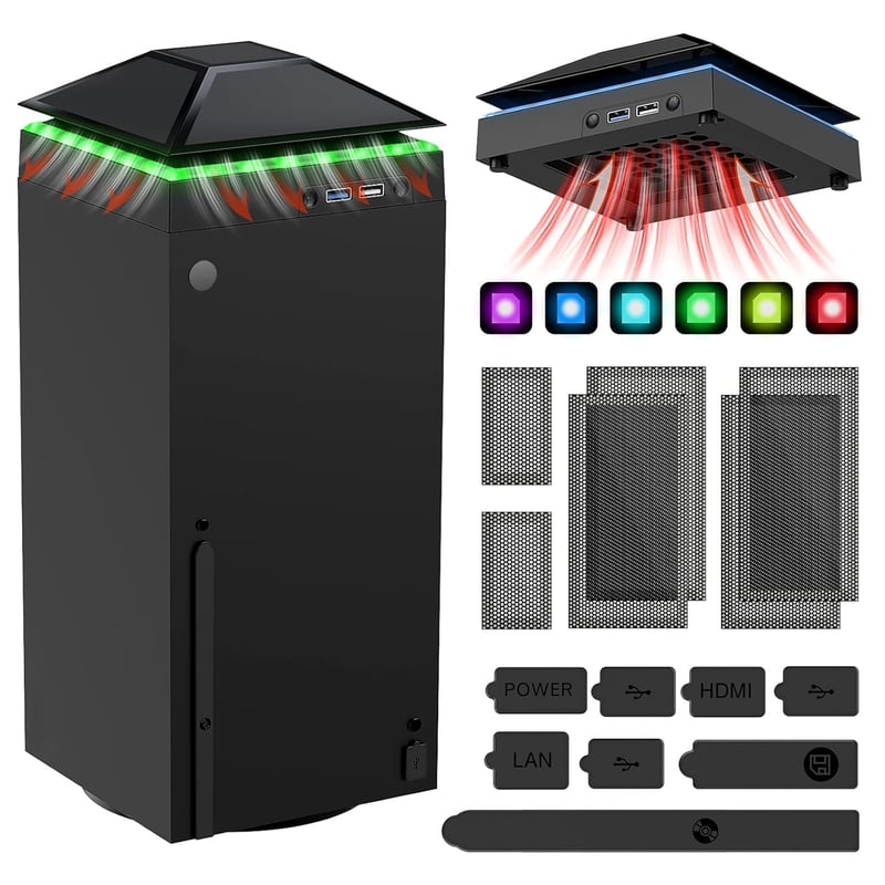 MENEEA Xbox Series X Hűtőventilátor RGB Fénycsíkkal - 3 Sebességes Felső Ventilátor, Porvédő Szűrő, USB 3.0 Port, Független Érintőkapcsoló, 