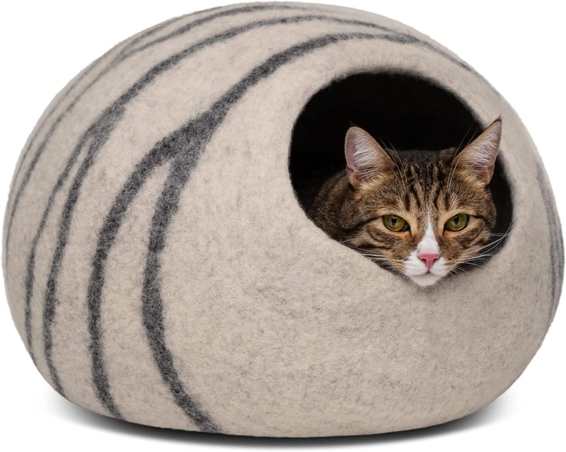 MEOWFIA Macska Barlang - 100% Merinó Gyapjú Bújó Fekhely Cicáknak, Kézzel Mosható, Környezetbarát, L-es Méret, Világosszürke