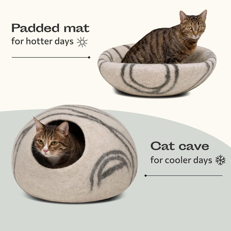 MEOWFIA Macska Barlang - 100% Merinó Gyapjú Bújó Fekhely Cicáknak, Kézzel Mosható, Környezetbarát, L-es Méret, Világosszürke