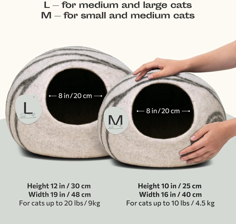 MEOWFIA Macska Barlang - 100% Merinó Gyapjú Bújó Fekhely Cicáknak, Kézzel Mosható, Környezetbarát, L-es Méret, Világosszürke
