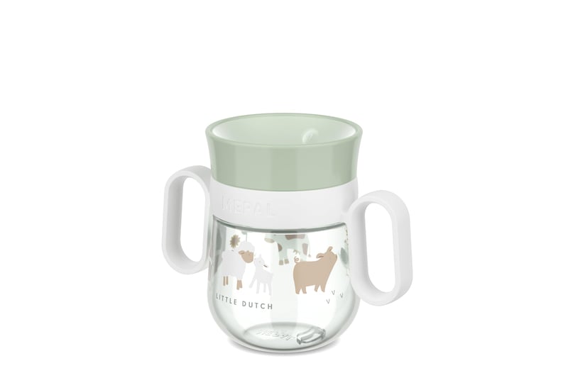 Cană de învățare Mepal 360° Mio Little Dutch 200 ml - model Little Farm, anti-picurare, margine de băut pe ambele fețe, mânere ușor de apucat