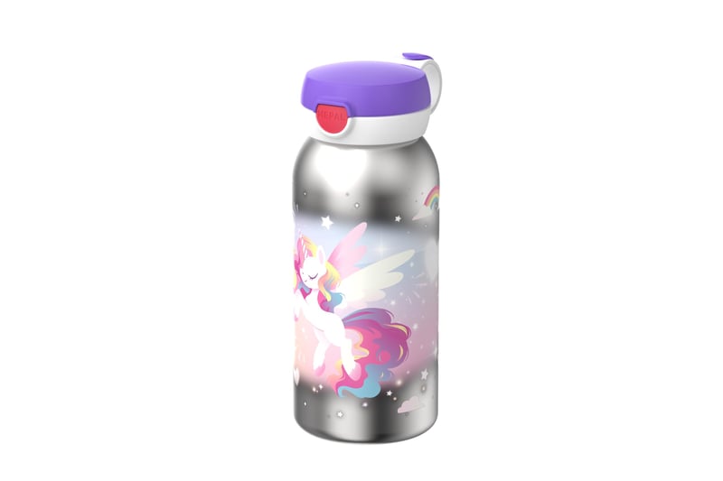 Sticlă de apă pentru copii Mepal Campus din oțel inoxidabil, cu capac tip flip-top cu buton, etanșă, 600 ml, Unicorn Glow