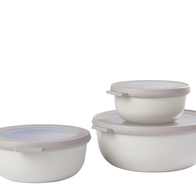 Sada okrúhlych mís Mepal Cirqula, 3-dielna, Nordic White – 350 ml, 750 ml a 1250 ml – dózy na potraviny, vhodné do chladničky, mrazničky a mikrovlnnej rúry