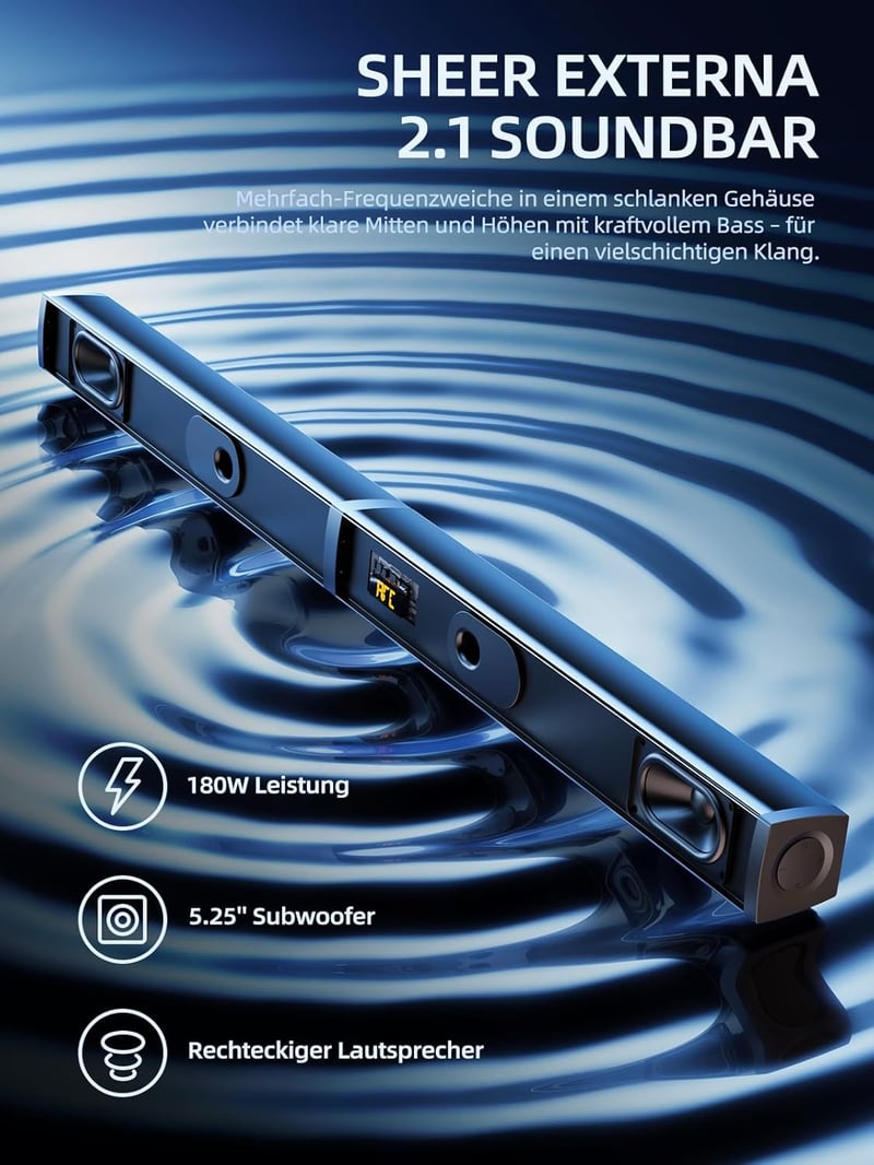MEREDO 2.1 Hangfal TV-hez és PC-hez - Leválasztható Soundbar Mélynyomóval, 5 EQ Mód, 180W, BT 5.4, USB, ARC, 80 cm