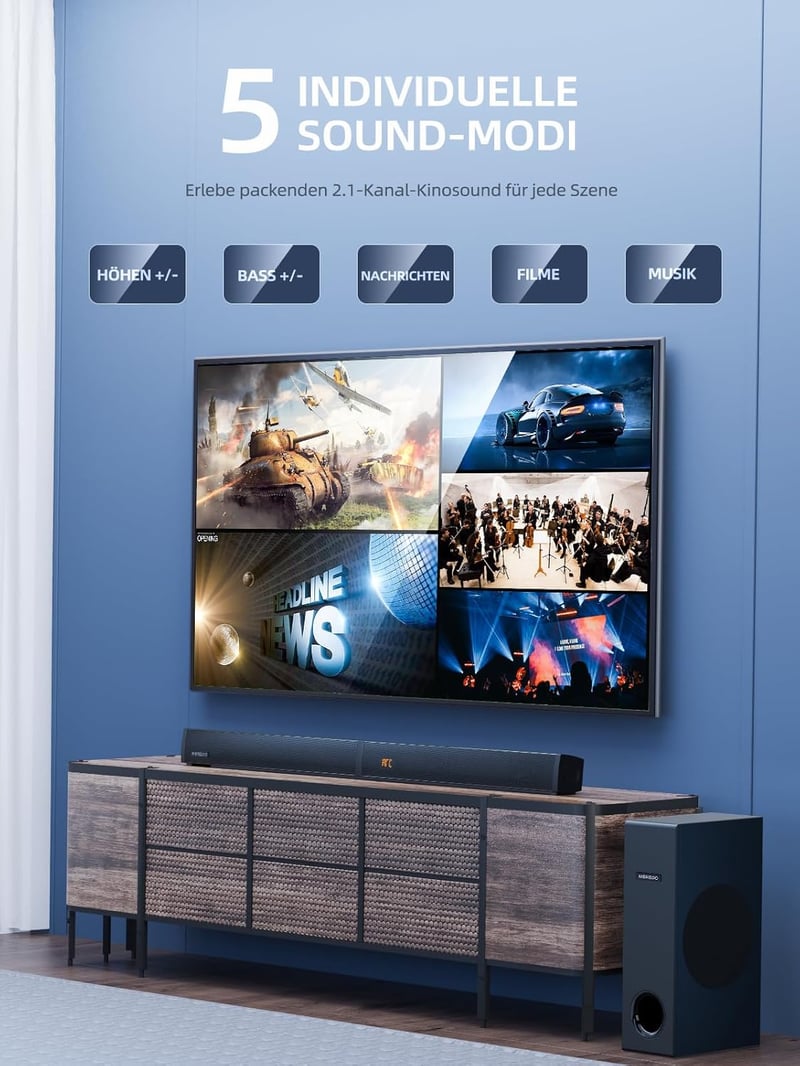 MEREDO 2.1 Hangfal TV-hez és PC-hez - Leválasztható Soundbar Mélynyomóval, 5 EQ Mód, 180W, BT 5.4, USB, ARC, 80 cm