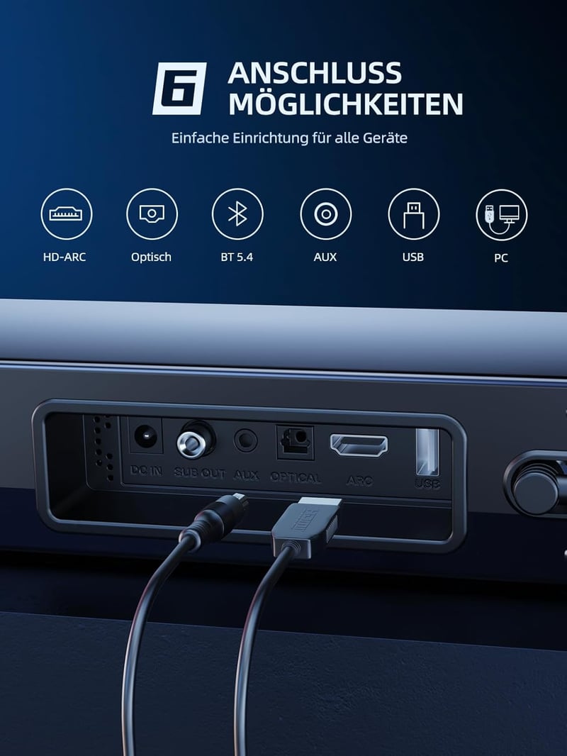 MEREDO 2.1 Hangfal TV-hez és PC-hez - Leválasztható Soundbar Mélynyomóval, 5 EQ Mód, 180W, BT 5.4, USB, ARC, 80 cm
