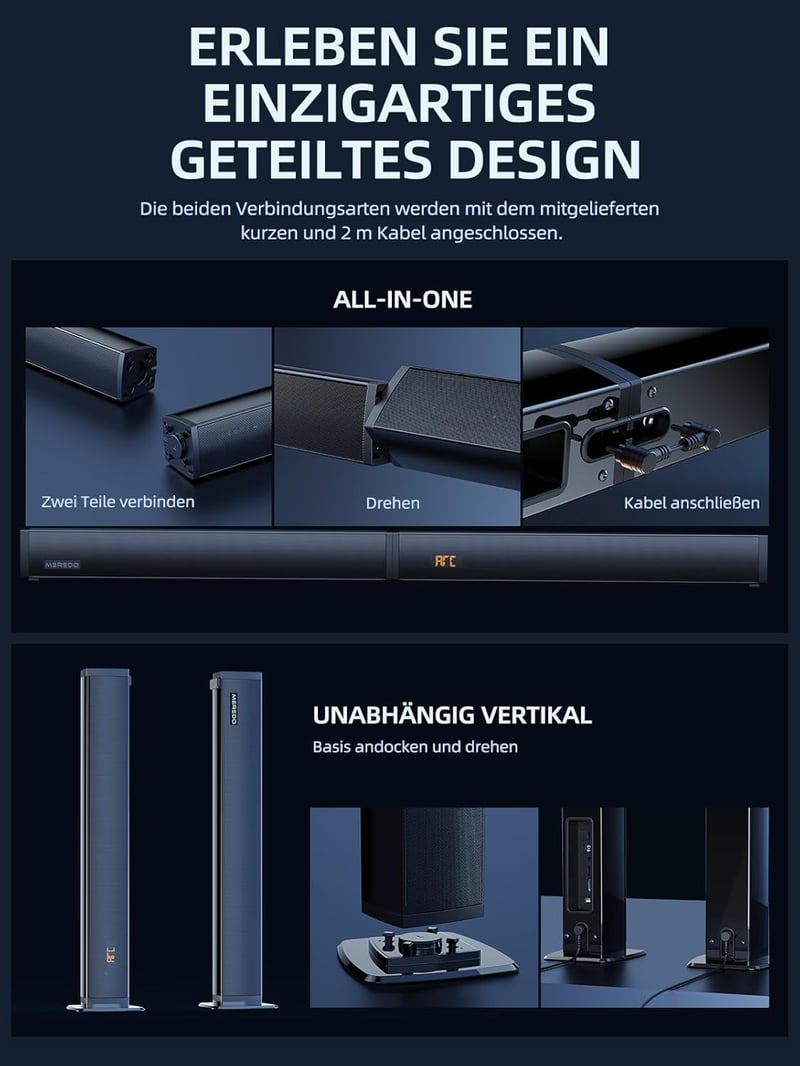 MEREDO 2.1 Hangfal TV-hez és PC-hez - Leválasztható Soundbar Mélynyomóval, 5 EQ Mód, 180W, BT 5.4, USB, ARC, 80 cm