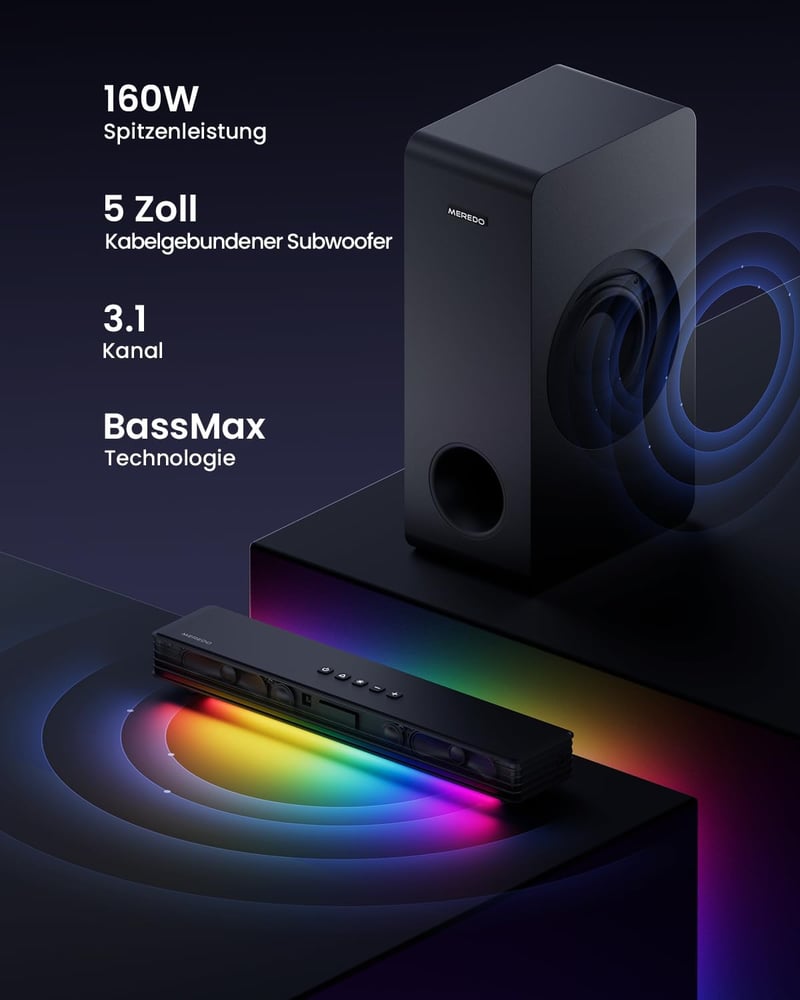 MEREDO 3.1 Soundbar szubwooferrel RGB szinkronizációval TV és PC játékhoz