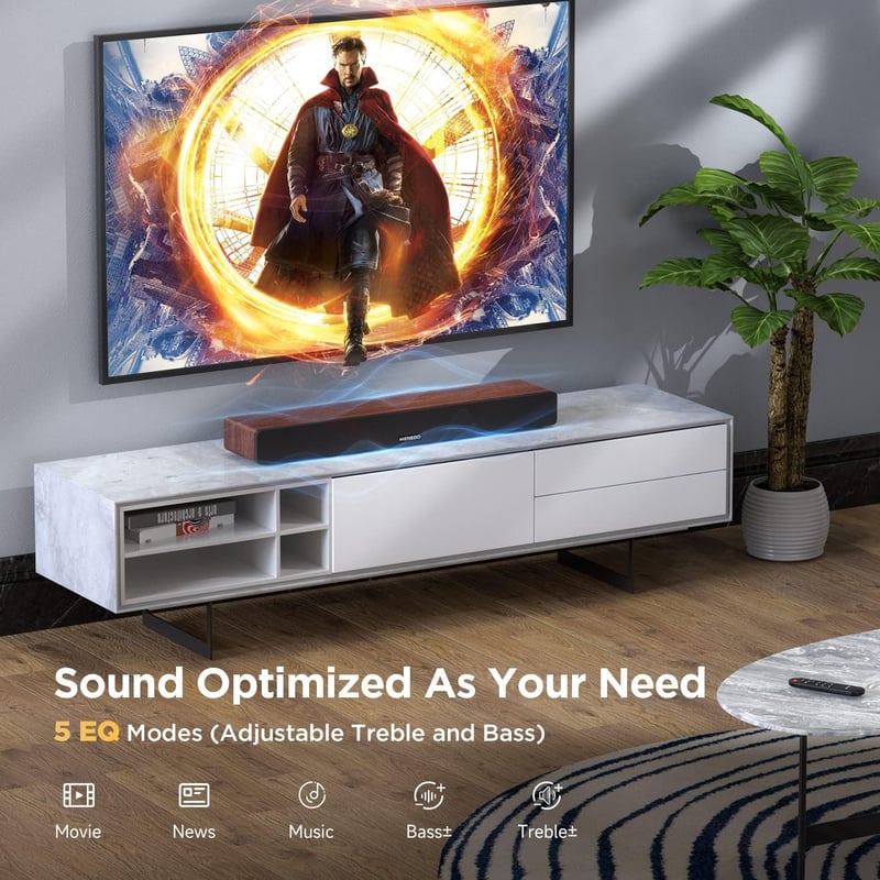 MEREDO D47 Plus Fa Soundbar TV-hez, Beépített Mélynyomóval, 165W, 2.1 Csatornás, 5 EQ Mód, Bluetooth 5.0, Optikai, ARC, 78 cm, Barna