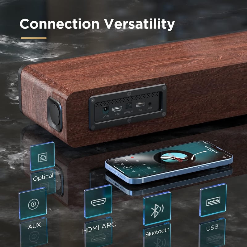 MEREDO D47 Plus Fa Soundbar TV-hez, Beépített Mélynyomóval, 165W, 2.1 Csatornás, 5 EQ Mód, Bluetooth 5.0, Optikai, ARC, 78 cm, Barna