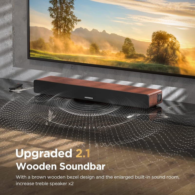 MEREDO D47 Plus Fa Soundbar TV-hez, Beépített Mélynyomóval, 165W, 2.1 Csatornás, 5 EQ Mód, Bluetooth 5.0, Optikai, ARC, 78 cm, Barna