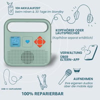 Detský reproduktor s rozprávačom príbehov Merlin LCRMERSPE2GA – mandľovo zelený – 1000 príbehov – obsah od Bayard Milan a Radio France – od 3 do 12 rokov – 17 3