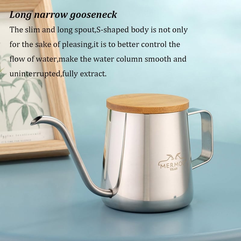 MERMOO YILAN 350ml Gooseneck Kávéforraló Rozsdamentes Acél Pour Over Teafőző
