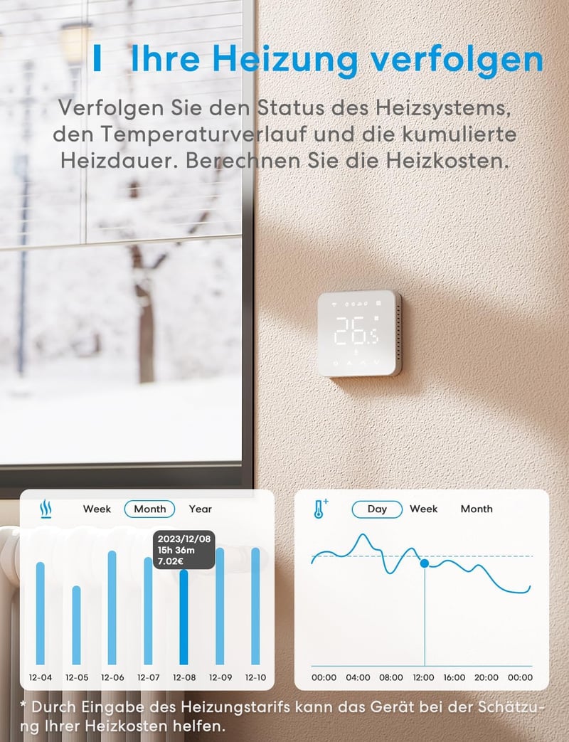 Meross Okos Termosztát Kazánhoz - WiFi Fűtésszabályozó Siri és Google Hangvezérléssel, LED Érintőkijelzővel, Távvezérelhető, Fehér
