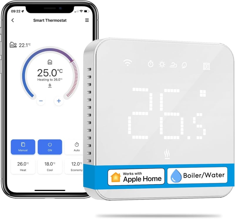 Meross Okos Termosztát Kazánhoz - WiFi Fűtésszabályozó Siri és Google Hangvezérléssel, LED Érintőkijelzővel, Távvezérelhető, Fehér