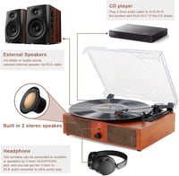 Bluetooth gramofón Mersoco so vstavanými reproduktormi, USB, RCA, AUX výstupom, konektorom na slúchadlá, funkciou Auto Stop, 3 rýchlosťami a prenosným dizajnom 2