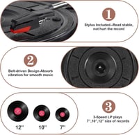 Bluetooth gramofón Mersoco so vstavanými reproduktormi, USB, RCA, AUX výstupom, konektorom na slúchadlá, funkciou Auto Stop, 3 rýchlosťami a prenosným dizajnom 5