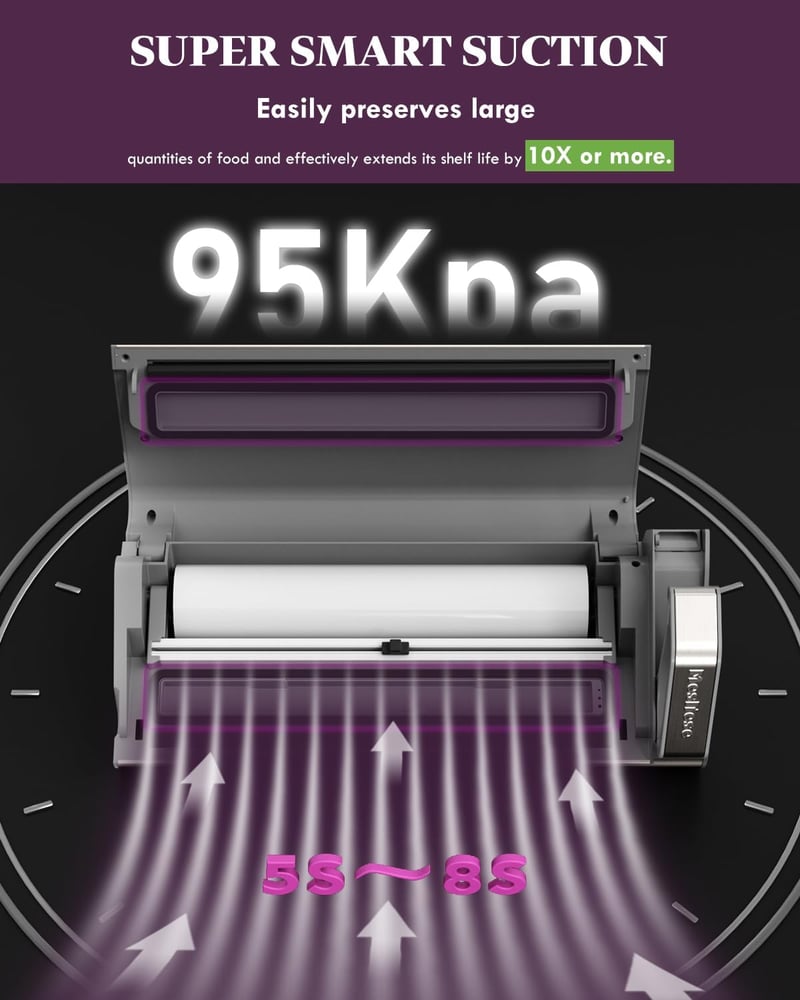 Mesliese Vákuumfóliázó Gép 95kPa 140W - Rozsdamentes Acél Ételtároló Készülék Beépített Vágóval, Egykézi Működtetés, Dupla Hegesztés, Szürke