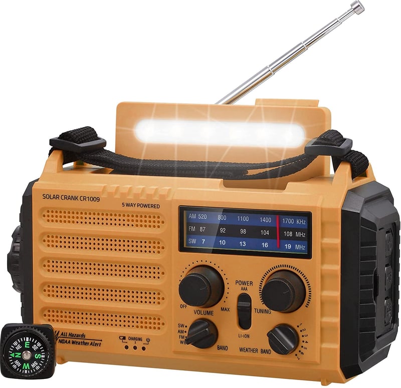 Núdzové solárne rádio Mesqool s ručnou kľukou, AM/FM/SW, 5000 mAh powerbanka, USB nabíjačka, LED baterka, lampa na čítanie, SOS alarm, kompas na kempovanie