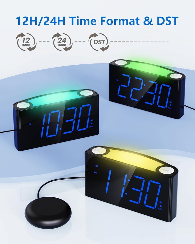 Mesqool Vibrációs Ébresztőóra 7 Színű Éjszakai Fénnyel, Nagy LED Kijelző, USB-C Töltés, Hangerő Szabályozás, Mély Alvók Számára