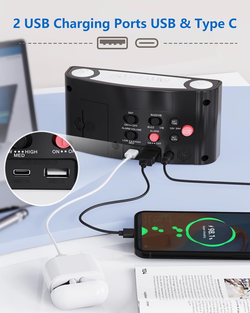 Mesqool Vibrációs Ébresztőóra 7 Színű Éjszakai Fénnyel, Nagy LED Kijelző, USB-C Töltés, Hangerő Szabályozás, Mély Alvók Számára