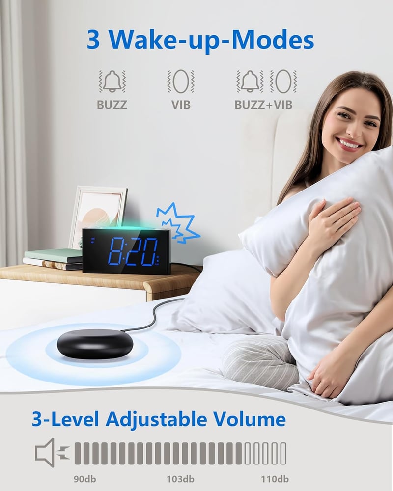Mesqool Vibrációs Ébresztőóra 7 Színű Éjszakai Fénnyel, Nagy LED Kijelző, USB-C Töltés, Hangerő Szabályozás, Mély Alvók Számára